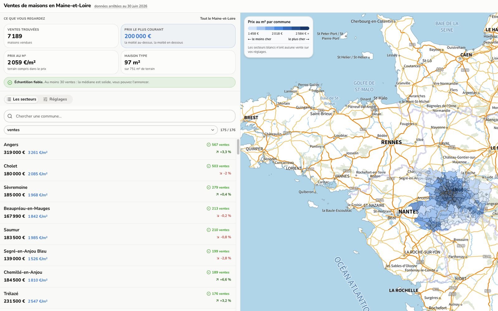 Capture d'écran : Ventes de maisons en Maine-et-Loire